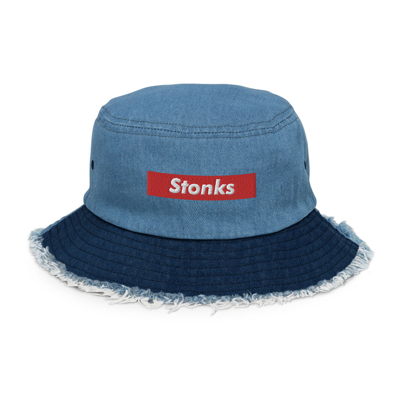 Stonks Box Logo Distressed Denim Bucket Hat