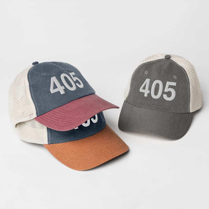 405 Oklahoma Area Code Faded Trucker Hat