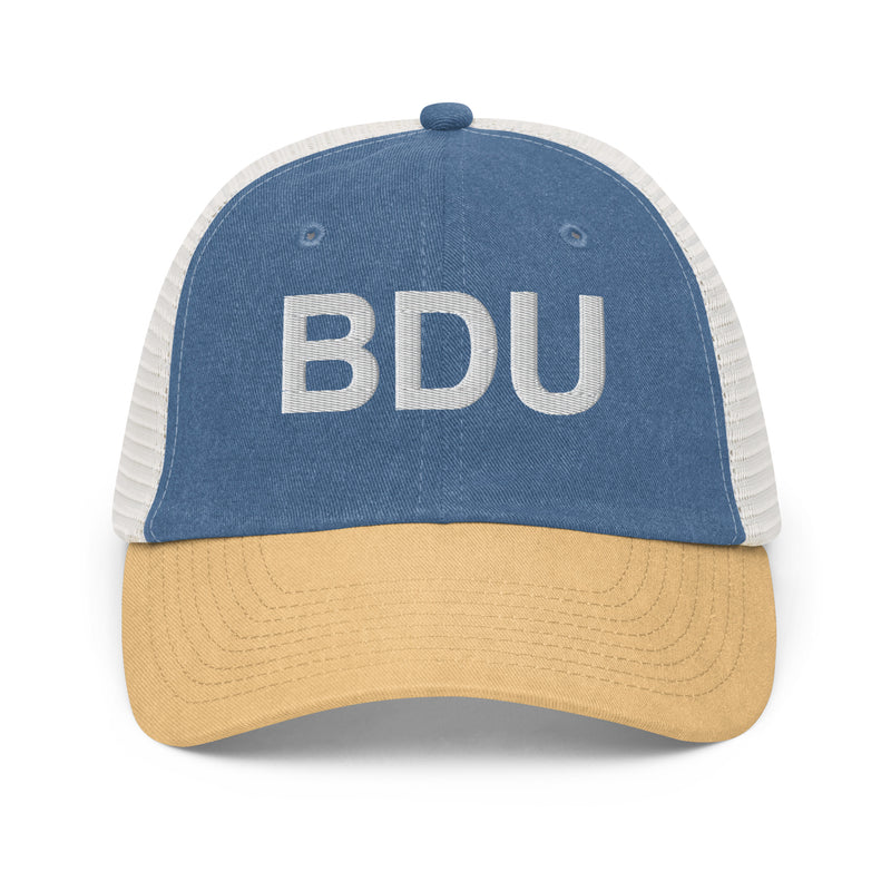 BDU Boulder Airport Code Faded Trucker Hat