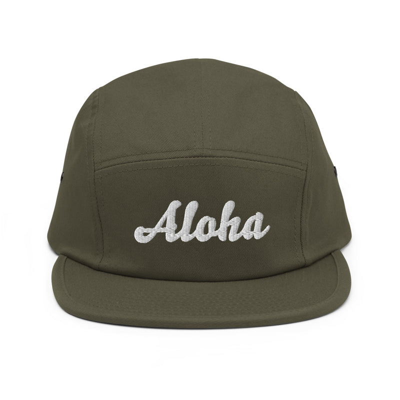 Cursive Aloha Five Panel Camper Hat