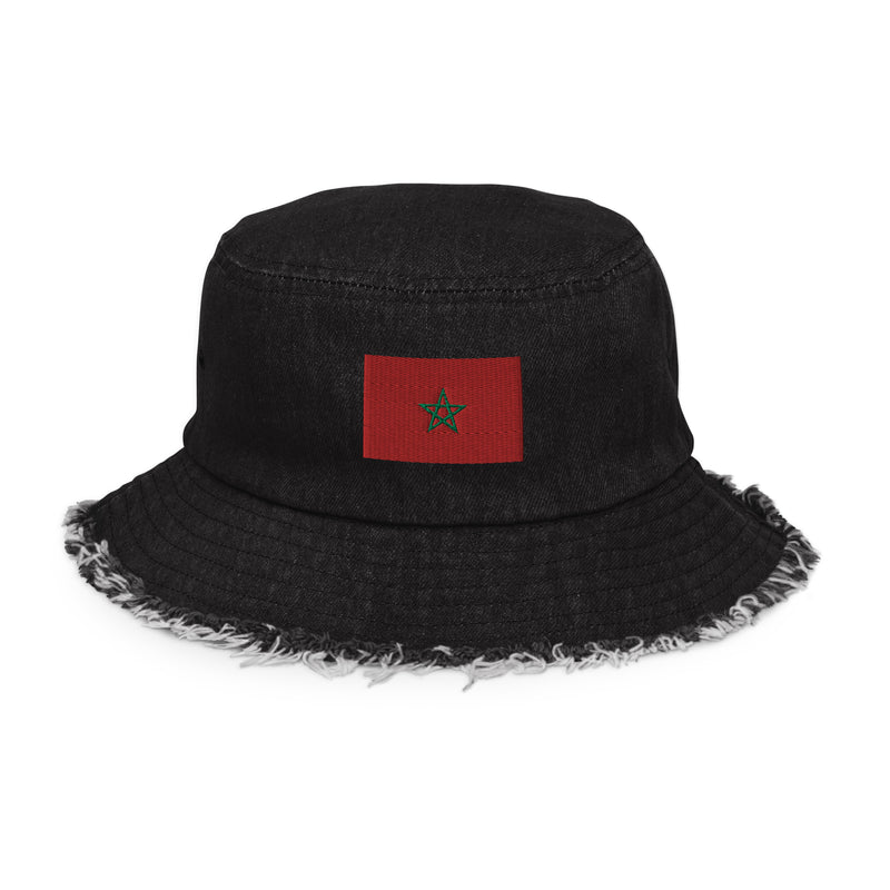 Moroccan Flag Distressed Denim Bucket Hat