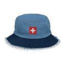 Switzerland Flag Distressed Denim Bucket Hat