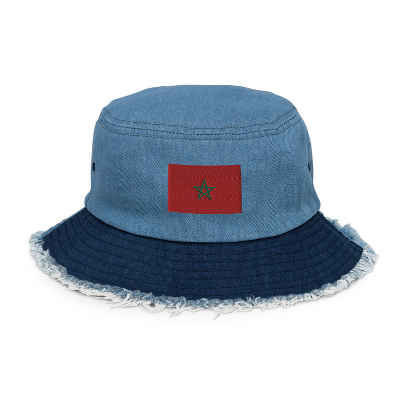 Moroccan Flag Distressed Denim Bucket Hat