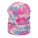 Cursive Script Raleigh NC Tie Dye Beanie